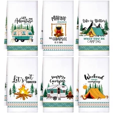 Set of 6 Camping Kitchen Towels White Absorbent Dishcloth Bonfire Tent Car Te...