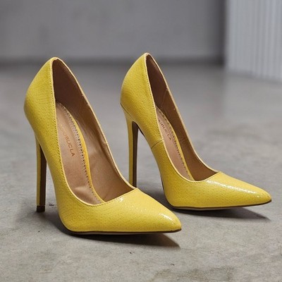 Yellow High Heel Pumps With Faux Snakeskin Texture & Pointed Toe Design