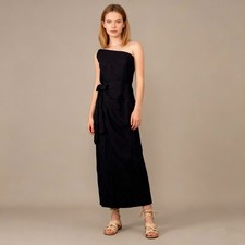 NWT Farm Rio Linen Blend Black One Shoulder Bow Smocked Wrap Maxi Dress Sz L