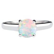 1.00 Carat Round Cut Natural Opal Ring In Solid 14KT White Gold - Tariffs Free