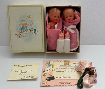 Vintage Blue Box Twin Baby Dolls Set Bottles Pink Blankets Corsage & Birth Card