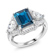 4.79 Cttw London Blue Topaz Ring For Women  925 Sterling Silver  Emerald Cut