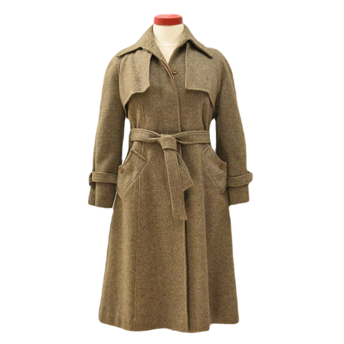 70s Vintage Stone Brown Tweed Cape Style Trench Coat Womens L