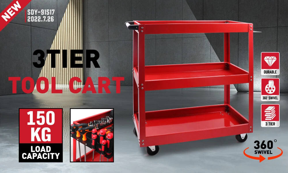 Tool Trolley 3 Tier Workshop Cart Rolling Steel Parts Storage Handyman 150KG Red