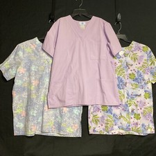3 SB SCRUBS Butterflies Flowers Lilac Blue Uniform Scrub Top Size M Pockets
