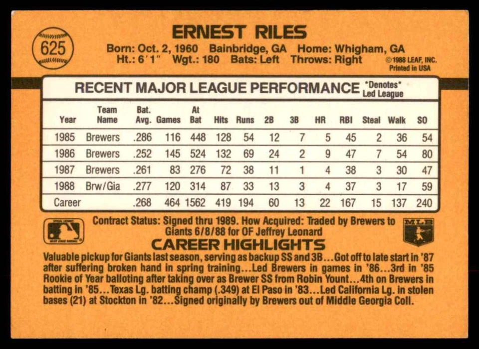 1989 Donruss Ernest Riles San Francisco Giants #625 - Image 2 of 2