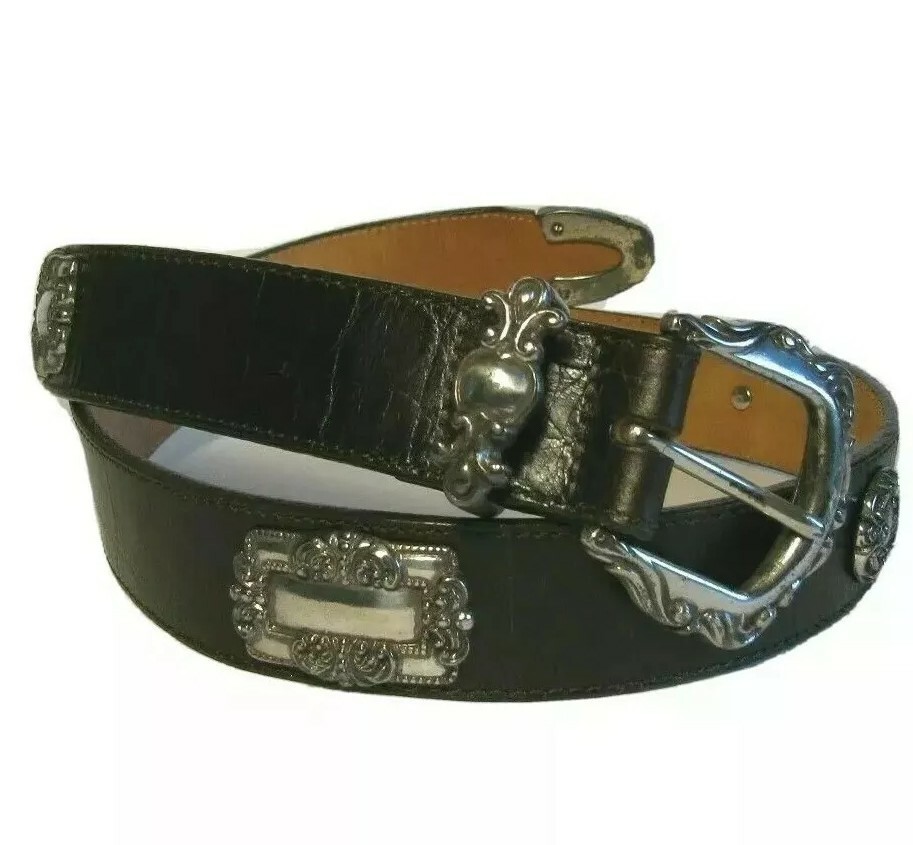 Vtg BRIGHTON Brown Leather Croc Ornate Silver Medallion  display picture 3