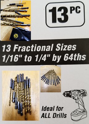 13Pcs HSS Metric Twist Drill Bit Set 1/4 Hex Shank Titanium Nitride Coated Metal