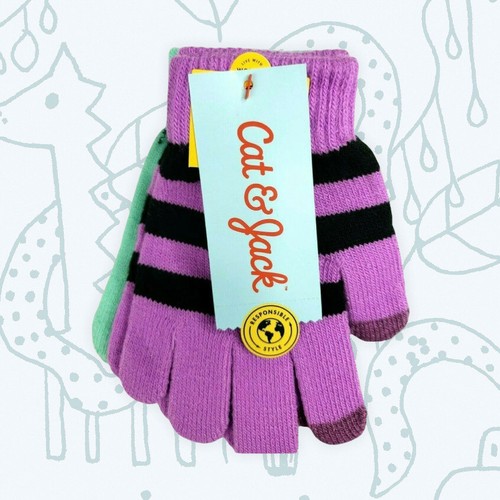 Cat & Jack Girls' 2pk Solid Stripe Gloves Green/Violet One Size - Picture 3 of 3