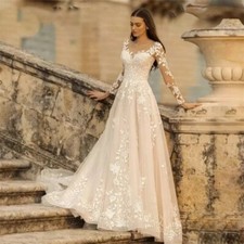 Women Luxuury Bridal Dress A-Line Long Sleeves Lace Applique Wedding Dress 2025
