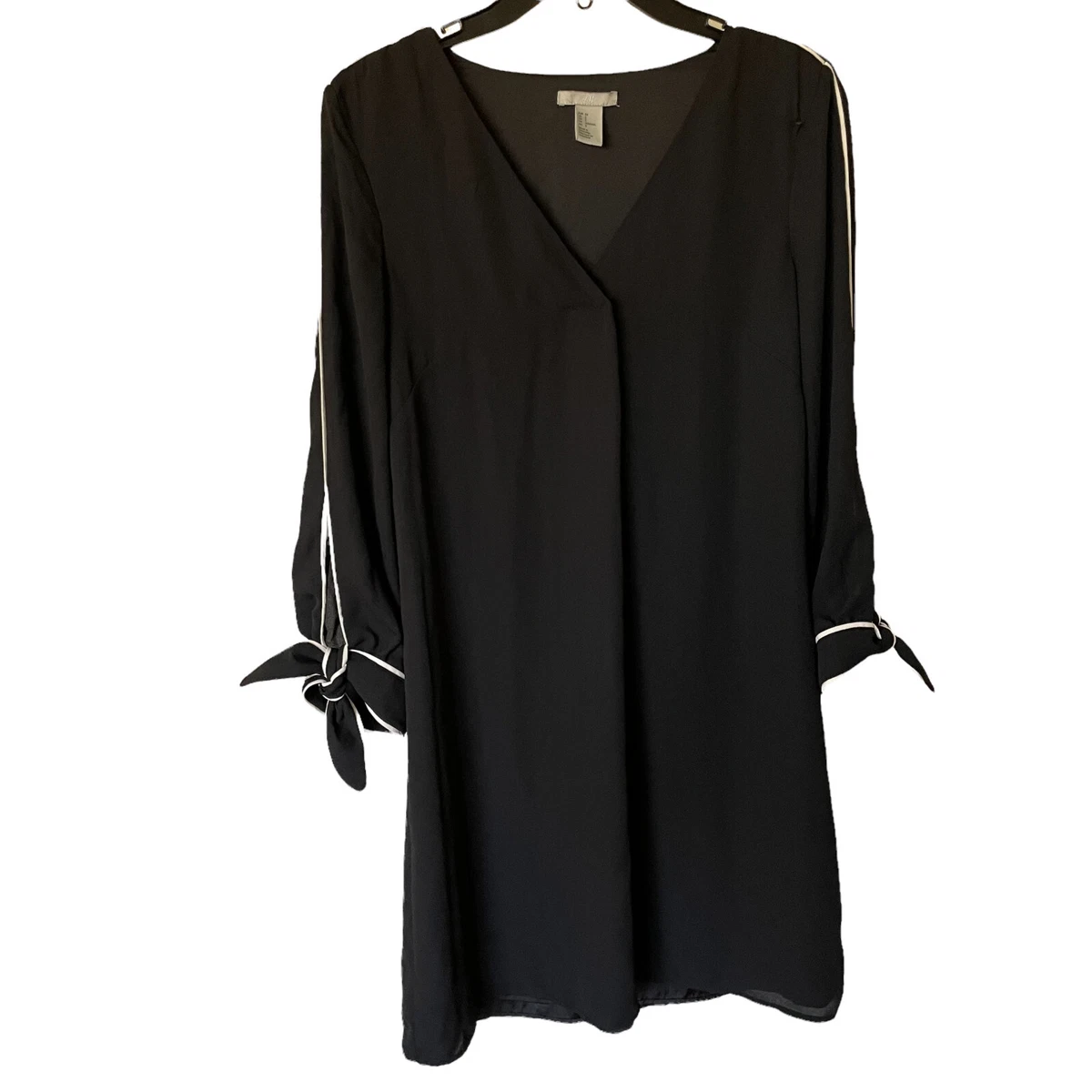 H M Comfy Black Blouson Dress w White Piping Sleeves Tie Cuffs. sz 2 0022