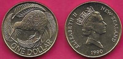 旧貨幣セット（中国・カナダ・アメリカ・オーストラリア・ネパール） NEW ZEALAND 1 DOLLAR 1990 UNC KIWI BIRD WITH SPRIGS,VALUE BELOW