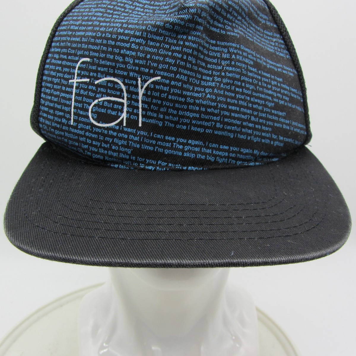 Far Hat Cap Black White Blue Spell Out Lyrics Poem Mesh Strap Back Made USA View 5