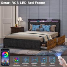 Queen Size Heavy Duty Metal Bed Frame with Shelf Charging Station and 4 Drawers