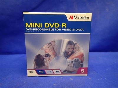 VERBATIM MINI DVD-R 1.4 GB 4X SPEED 30 MIN VIDEO DATA NEW IN BOX (5 DISKS/BOX)