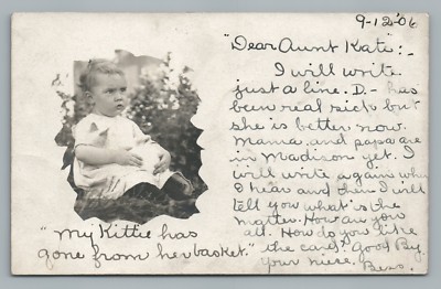''Kitty Has Gone From Basket  Girl Holding Kitten RPPC Cute Cat Photo Cleveland