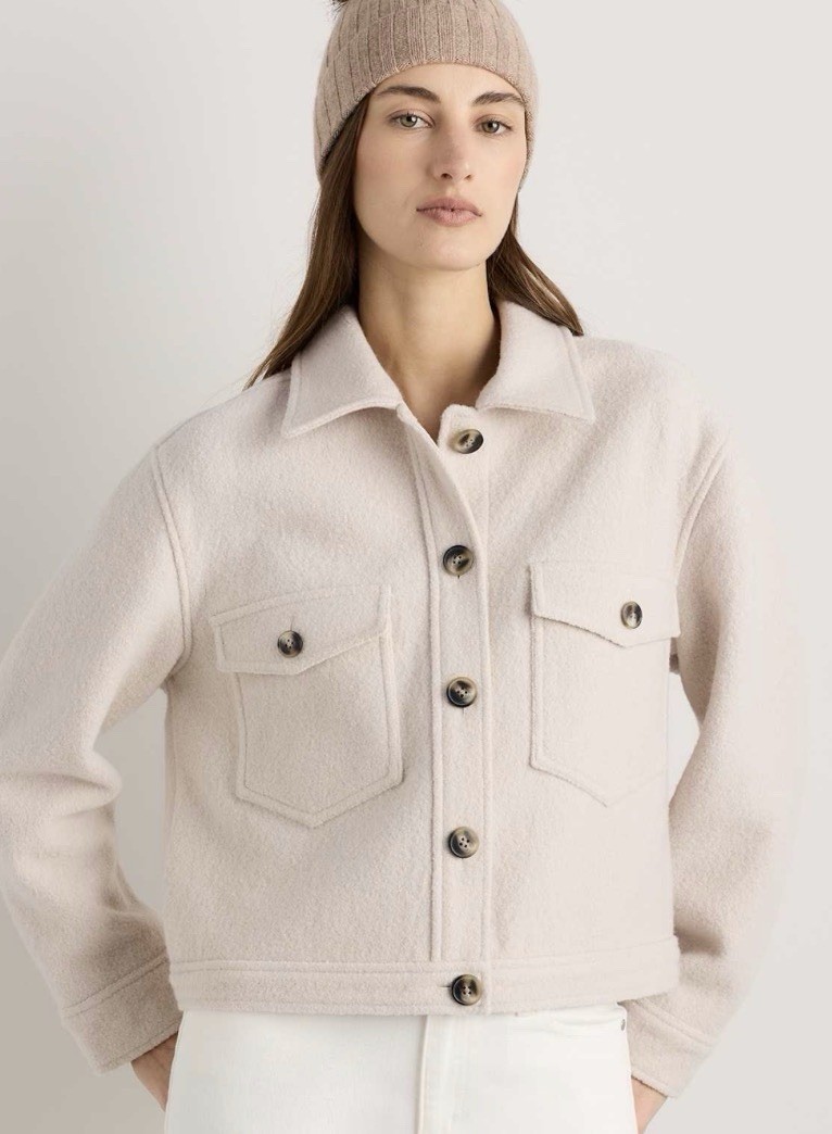Quince 100% Merino Wool Cropped Shirt Jacket in Heather Bone - M