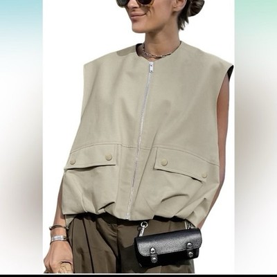 Women s Oversized Zip Up Cargo Vest Casual Ruched Hem Sleeveless 2XL