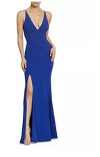 NWT Dress The Population Electric Blue Iris Plunging Crepe Gown W Side Slit-Med