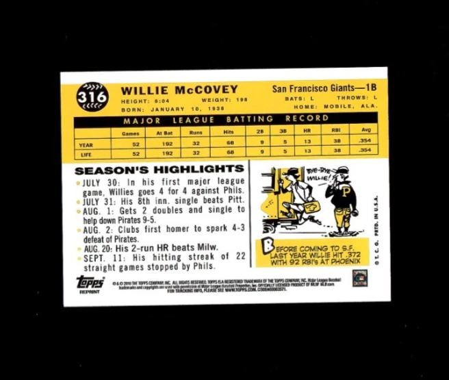 2010 Topps Cards Your Mom Threw Out CYMTO Original Back WILLIE McCOVEY 1960 #316 - Image 2 of 2