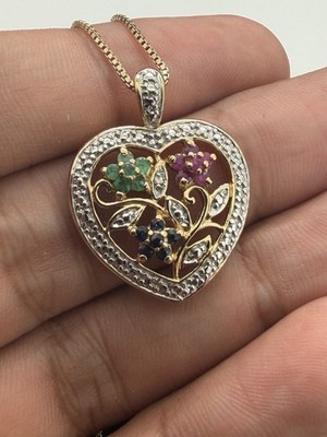925 Sterling Silver Ruby, Sapphire, Emerald & Diamond Pendant With 17 Inch Chain