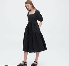 Uniqlo Black Square Neck Puff Sleeve Flare Dress L Cotton/Linen Style