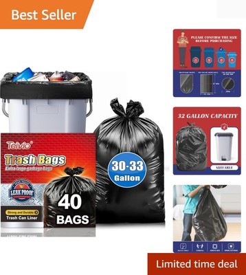 Large Black 33 Gallon Trash Bags - 40 Count Puncture Resistant Garbage Liners
