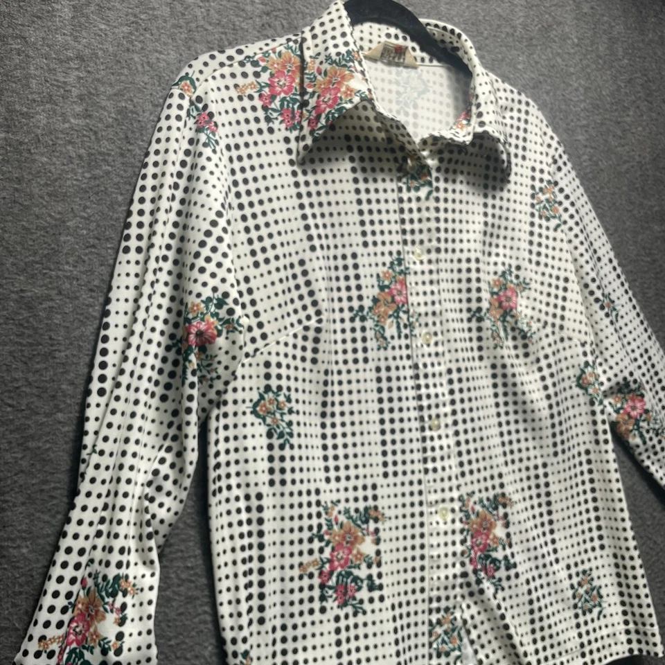 Vintage Sears Perma Prest Womens Top Button Front Floral Disco 60s Blouse Shirt - Image 2 of 4
