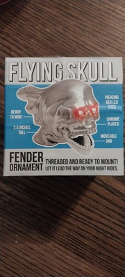 NEW NOS Vtg Flying Skull Chrome Motorcycle Bike Fender Ornament  w/ Red LED Eyes