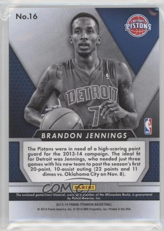 2013-14 Panini Titanium Double-Double Jerseys /279 Brandon Jennings #16 - Image 2 of 2