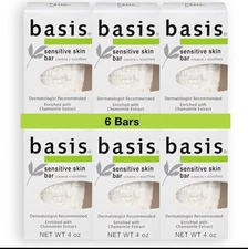 Basis Sensitive Skin Bar Soap for Body, Hands and Face, Unscented Sensitive