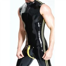 Men Latex Catsuit with Codpiece Hidden Hole Sleeveless Rubber Bodysuit