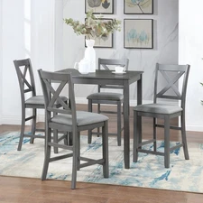 5-Piece Dining Set Gray,Wooden Square Table + 4 Upholstered Chairs