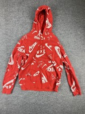 Nike Hoodie Mens Large Red Just Do It Swoosh Allover Graphic Fleece Pullover