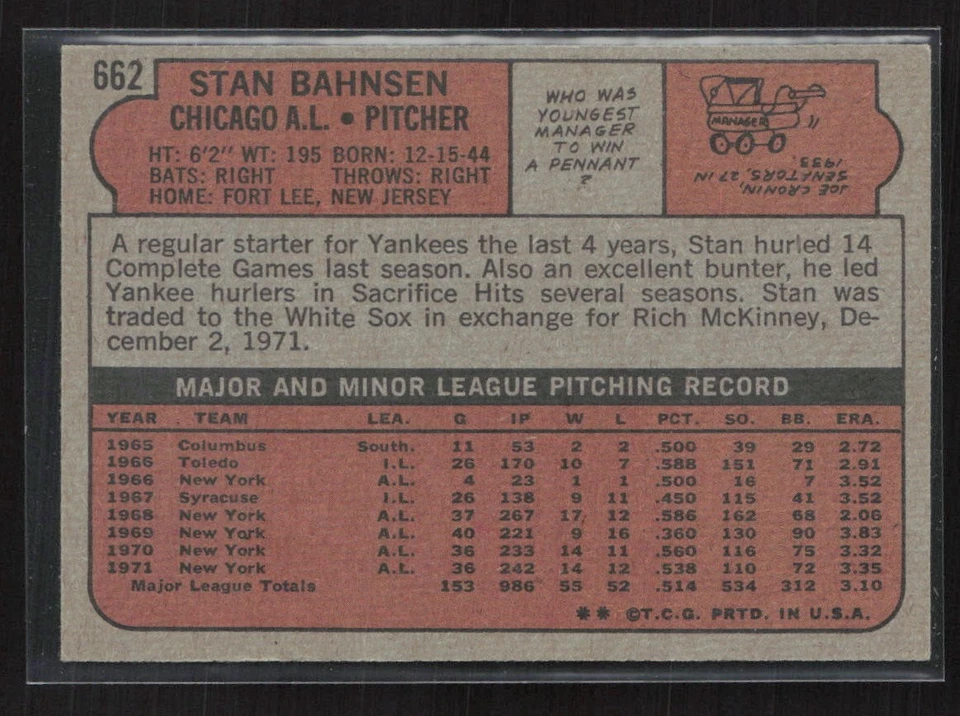 1972 Topps - High # Stan Bahnsen #662 - White Sox - Set Break!! EX Combined Ship - Image 2 of 2