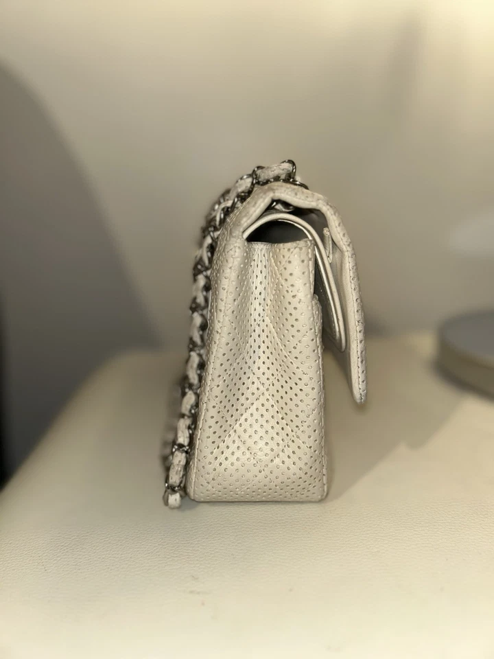 Authentic Chanel Perforated Quilted Flap Bag White Caviar Leather Silver Chain - Image 3 of 4