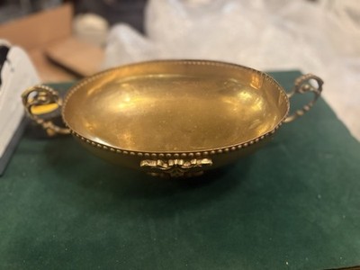 Vintage Ornate Brass Centerpiece Bowl Oval Footed Double Handle Ribbon Detail