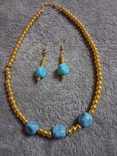 Handmade Turquoise Like Triangle Beads Goldtone Beads Necklace Earrings Set