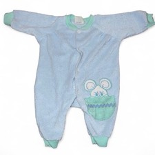 Vintage Blue and Green Sleeper with snap buttons and embroidered mouse