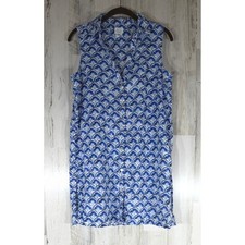 Sigrid Olsen Linen Sleeveless Shirt Dress Size Small Blue White Scallop Print