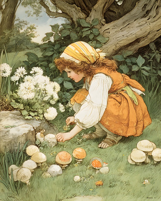 8x10 Cozy Storybook Little Girl Picking Mushrooms in Field Art Print - 446655199