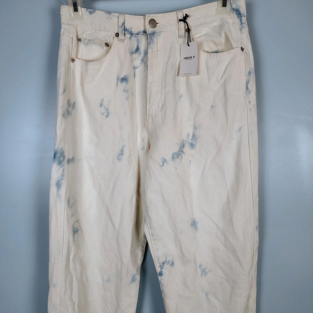 Pantalones de chándal Forever 21 para mujer Tie Dye Denim azul crema tiro alto talla 28 nuevos con etiquetas