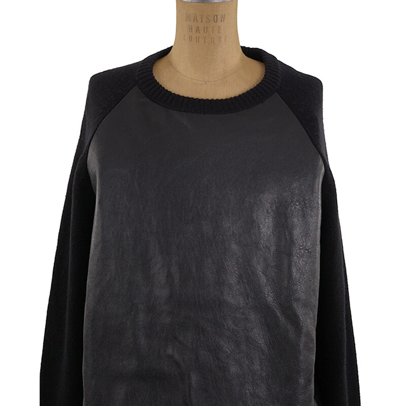 sz M NEW $1 690 SAINT LAURENT Men's Black LEATHER & Wool Cashmere Knit SWEATER