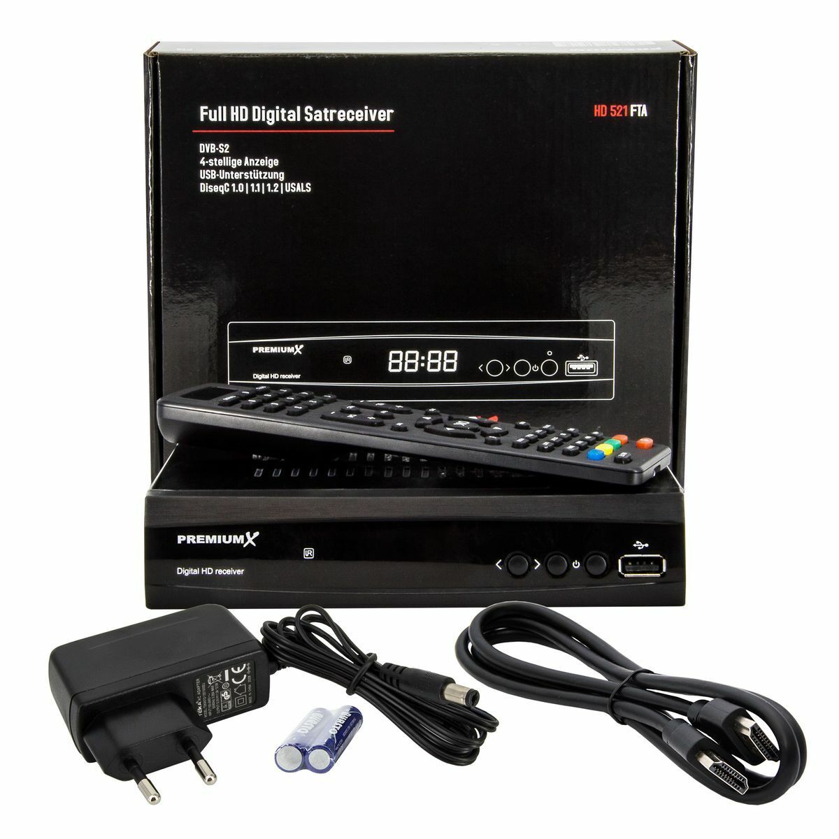 Sat Receiver PremiumX HD 520SE FTA FullHD DVB-S2 2 USB SCART HDMI Netzteil 12V