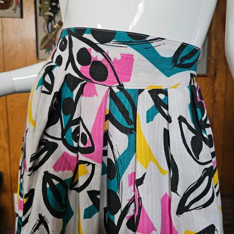 Vtg 80s Preppy Graphic Splatter Paint Pop Art New Wave Neon Midi Party Skirt S/M - Image 2 of 4