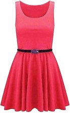   WOMENS LADIES SKATER DRESS SLEEVELESS TAILORED BELTED DRESSES SHORT PARTY SEXY