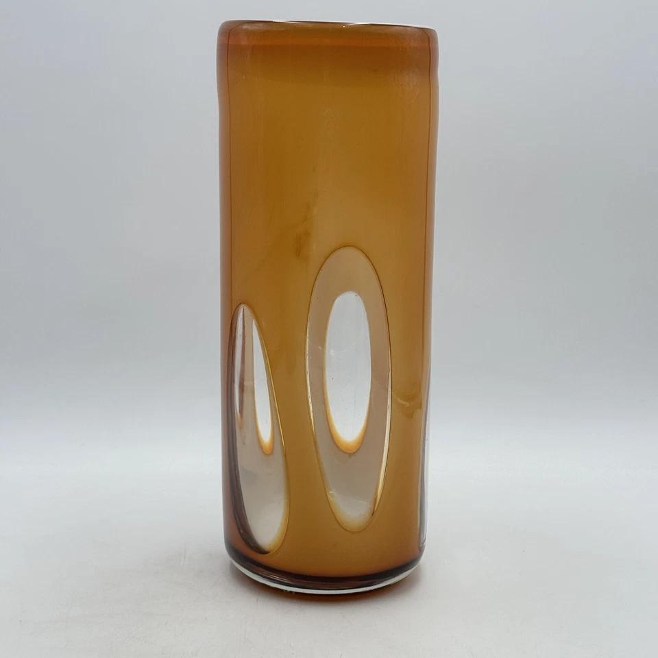 Art Glass Vase Hurricane MCM Modern Century 12” Tall Caramel Amber Cutouts - Image 3 of 4