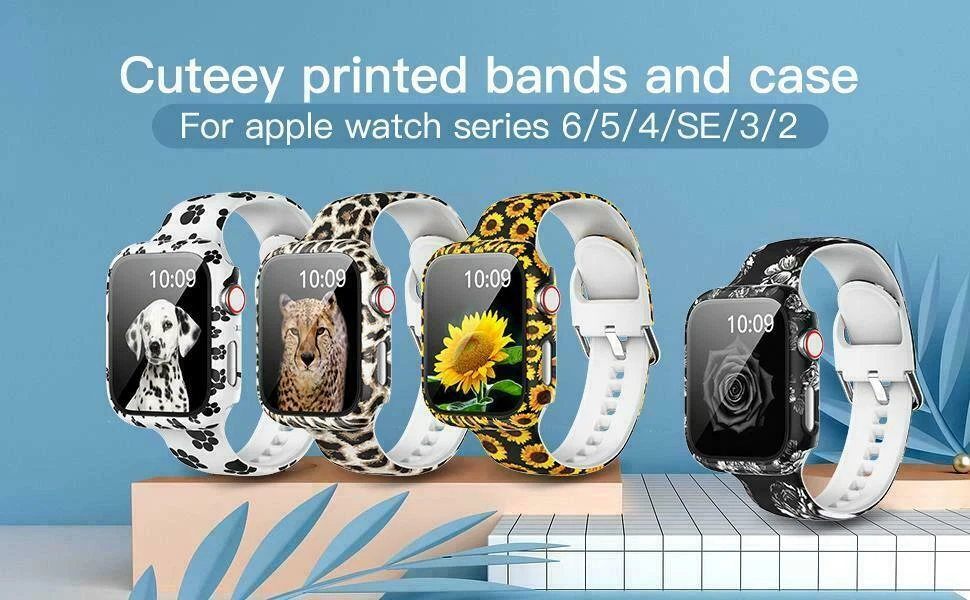 Floral Printed Watch Band Strap Full Case For Apple Watch Series