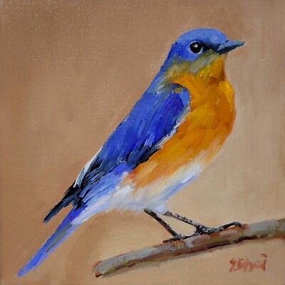 Eastern Bluebird, Original Bird Oil Painting on Paper, 5 x 5 In, Unframed