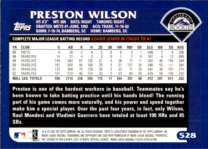 2003 Topps Preston Wilson 528 Colorado Rockies | eBay